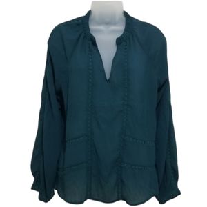 Greylin Peasant Blouse Sheer Green Boho Top Long Sleeve M
